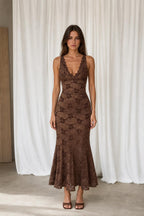 Front view of model wearing brown floral lace mermaid midi dress