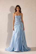 Front view of Light Blue strapless beaded evening gown