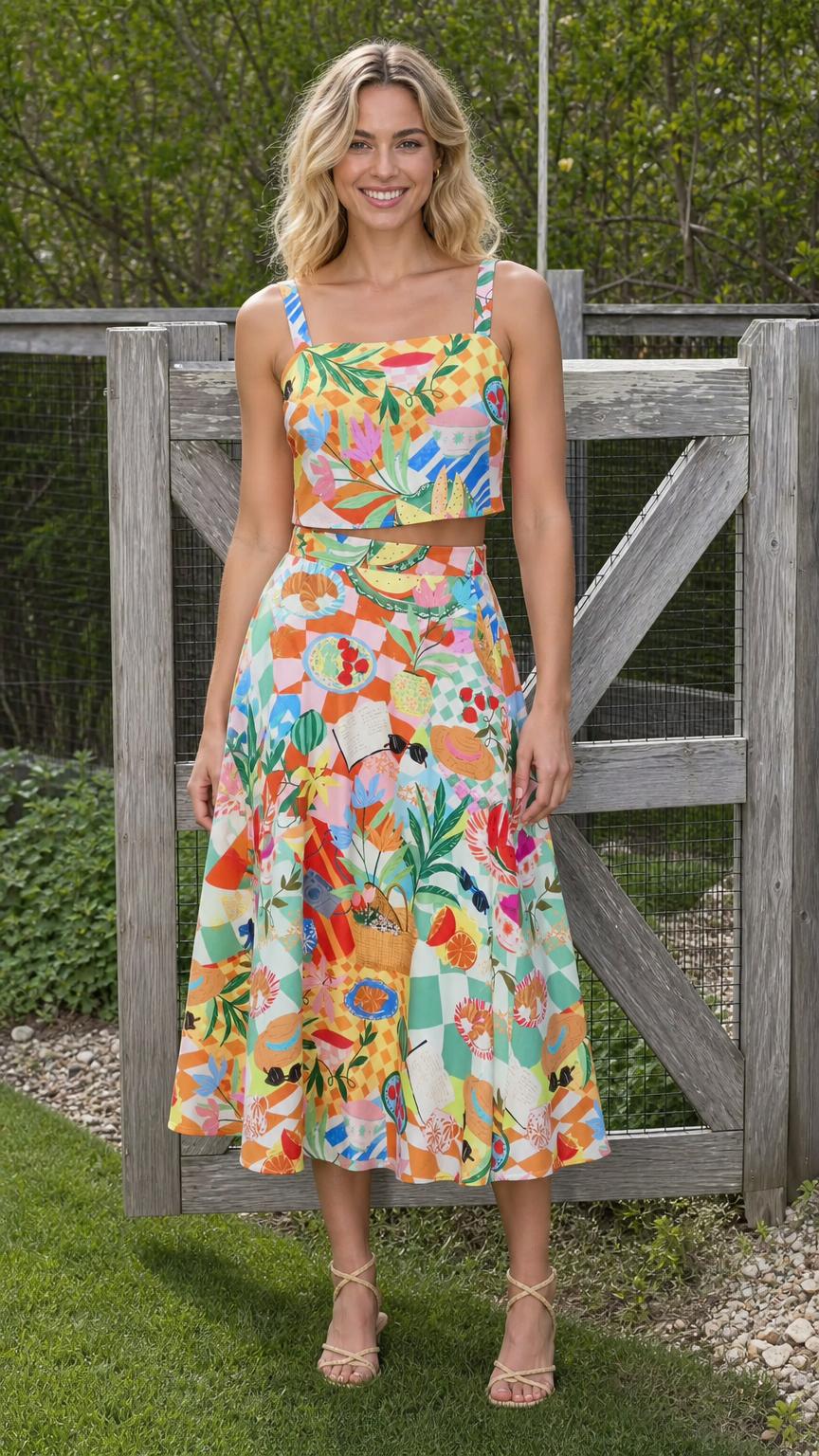 Front view of model wearing vibrant multi-color printed crop top and midi skirt set