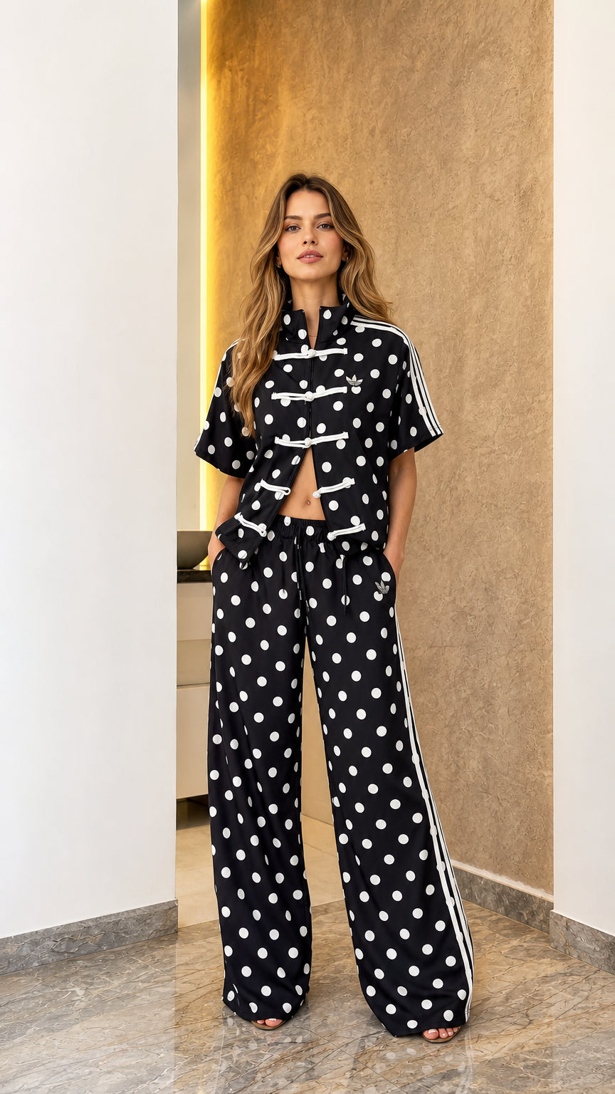 Model wearing black polka dot track jacket and wide-leg pants set, front view