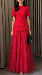 Front view of red floral textured short sleeve maxi evening dress with flowing tulle skirt