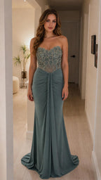 Full length front view of sage green strapless evening gown
