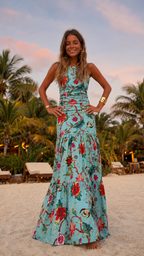 Front view of aqua floral sleeveless maxi dress with fitted bodice and tiered hem