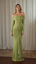 Front view of woman wearing olive off-shoulder long sleeve draped knot maxi dress