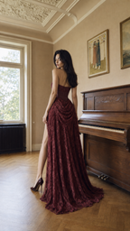 Woman wearing burgundy strapless lace evening gown with high slit, back view