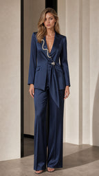 Navy satin crystal embellished blazer and wide-leg pants set front view