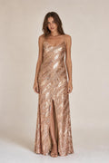 Model wearing Rose Gold sequined V-neck maxi dress from the front
