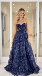 Front view of the navy blue sequin lace evening gown