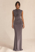 Front view of charcoal draped sleeveless maxi dress