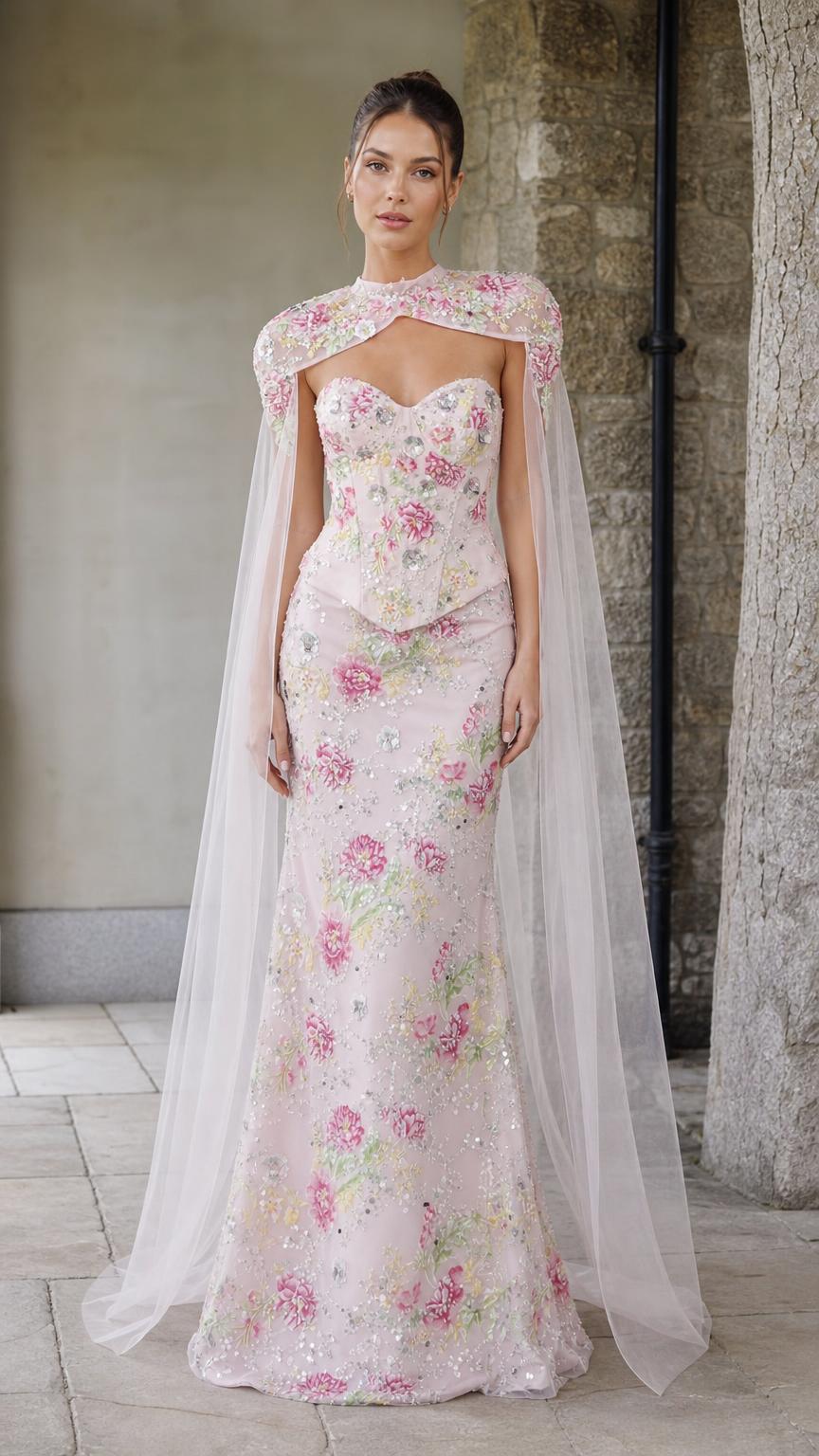 Front view of pink floral embroidered corset gown with sheer cape