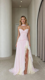 Pink ruched chiffon maxi dress front view with high slit