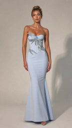 Front view of light blue strapless beaded mermaid evening dress