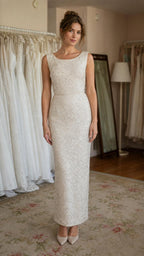 Front view of ivory sequin evening column dress