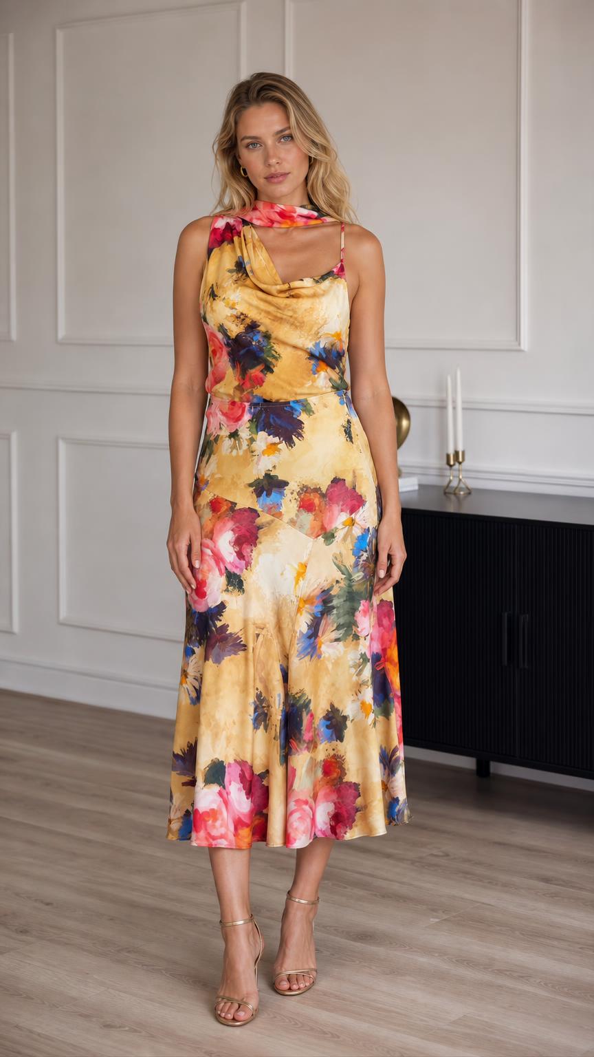Model wearing yellow floral print satin midi dress from the front