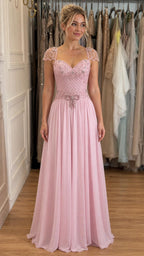Front view of pink beaded cap sleeve chiffon evening gown