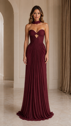 Burgundy ruched strapless evening gown front view