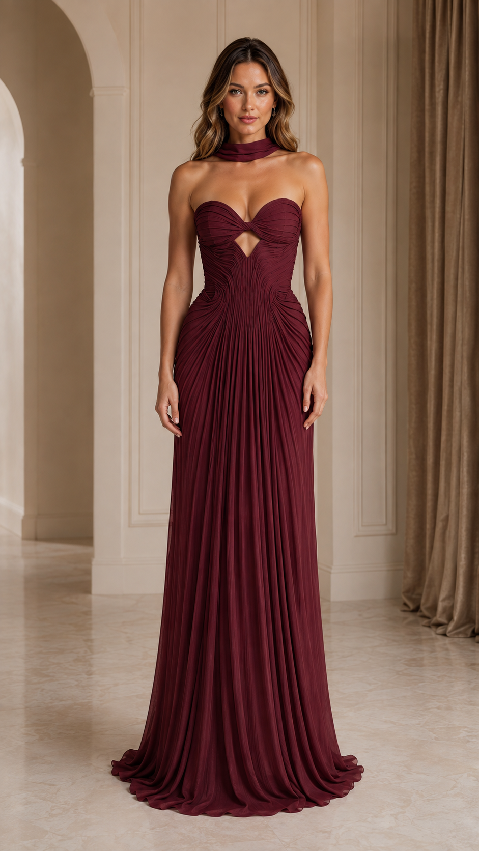 Burgundy ruched strapless evening gown front view