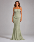 Front view of sage beaded strapless mermaid evening gown with pearl drape sleeves