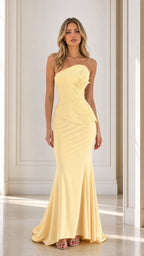 Front view of yellow strapless beaded mermaid evening dress