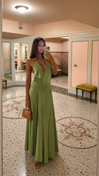 Sage satin-look halter backless maxi dress front view with plunge neckline
