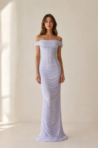 Front view of model wearing lavender off-the-shoulder ruched evening dress