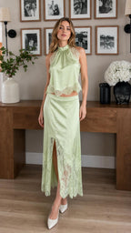 Sage Green Satin Lace Trim High Neck Crop Top and Midi Skirt Set Front View
