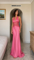 Front view of pink satin lace halter maxi dress