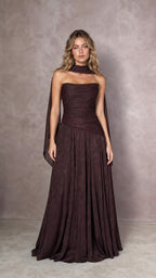 Front view of model wearing espresso brown strapless evening dress with matching scarf