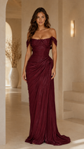 Burgundy off-shoulder ruched maxi evening dress front view