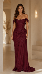 Burgundy off-shoulder ruched maxi evening dress front view