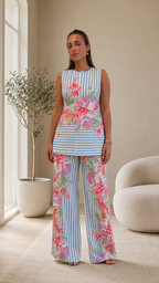 Women's sky blue striped sleeveless floral tunic top with matching wide-leg pants front view