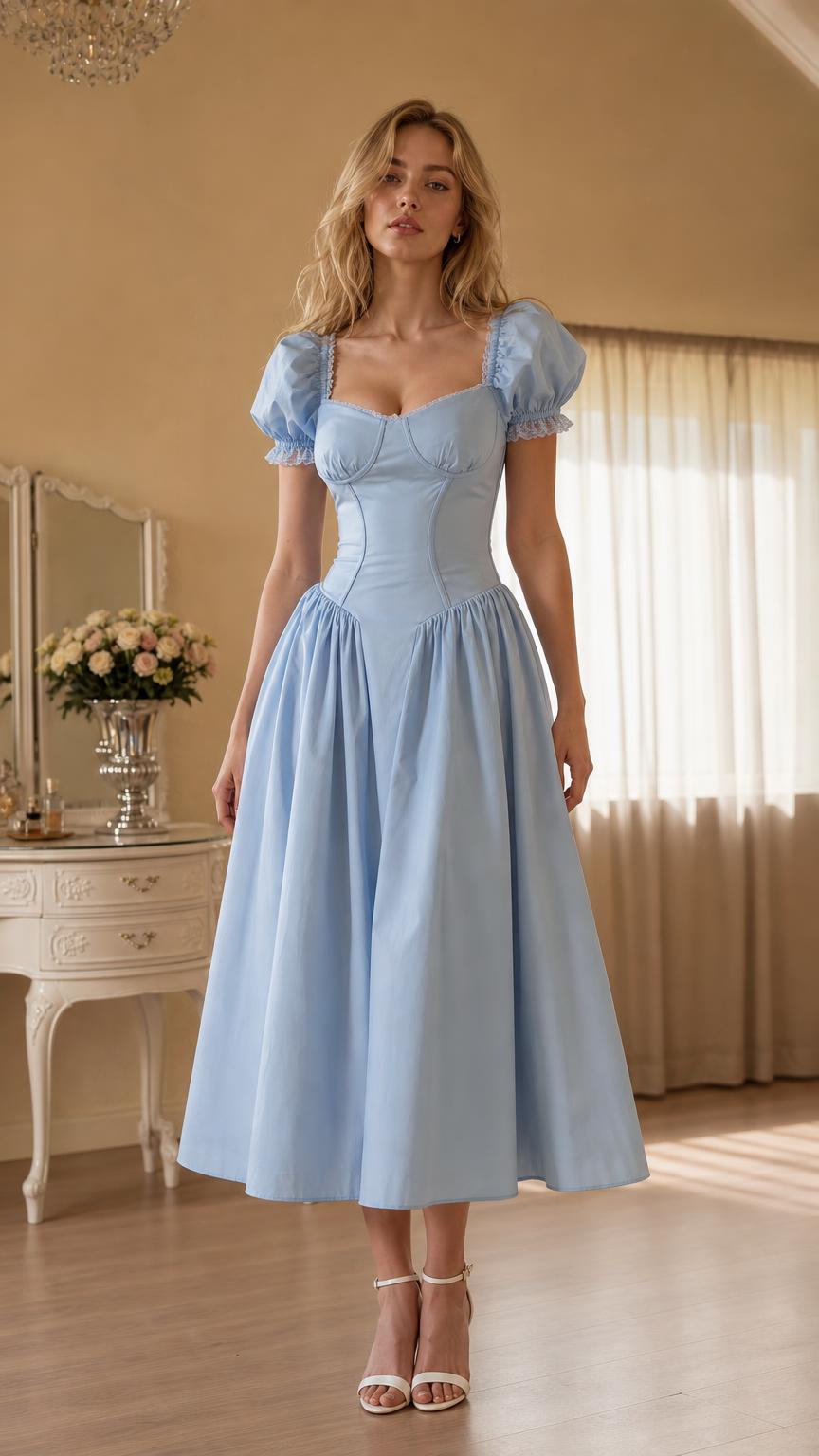 Front view of woman wearing light blue vintage corset midi dress