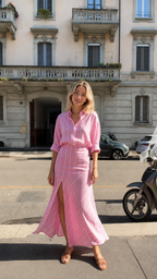 Front view of pink striped button-front maxi shirt dress with front slit and rolled sleeves
