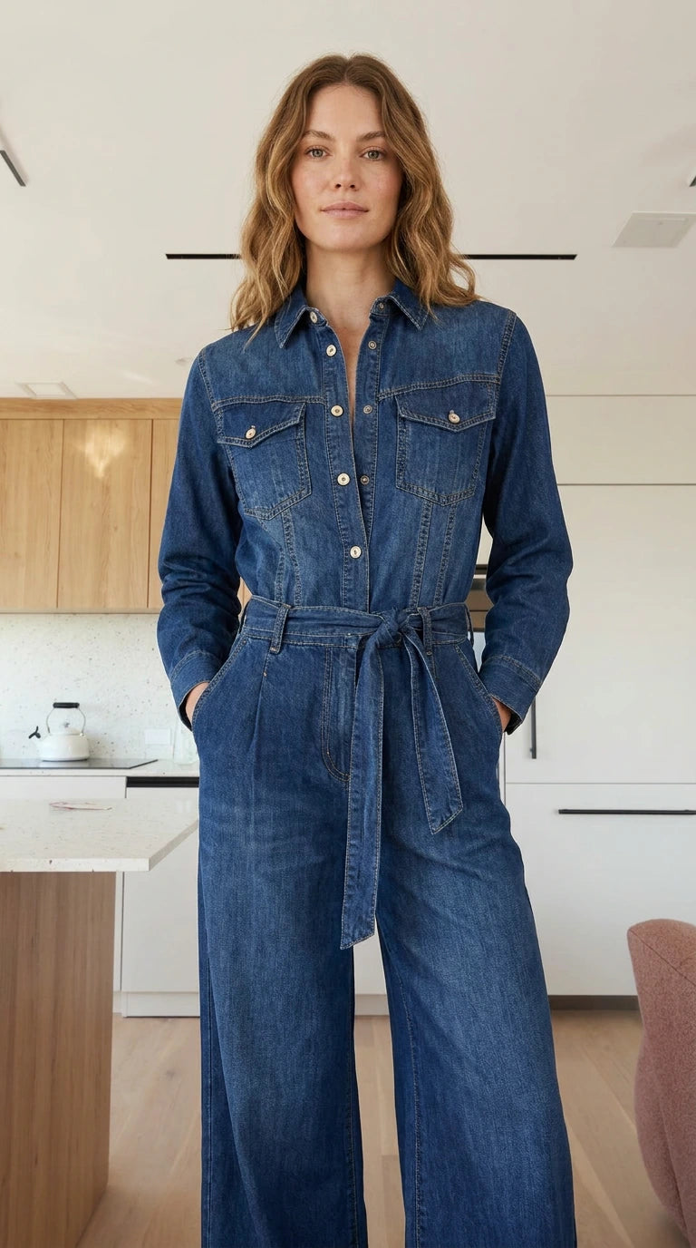 Front view of model wearing blue denim jumpsuit with tie belt