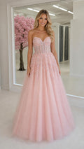 Front view of pink sweetheart tulle ball gown prom dress