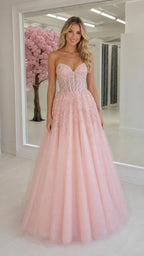 Front view of pink sweetheart tulle ball gown prom dress