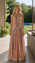 Front view of model wearing pink floral halter maxi dress