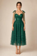 Ethereal Tiered Tulle Midi Dress in Emerald Green front view