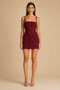 Front view of burgundy floral appliqué square neck mini dress