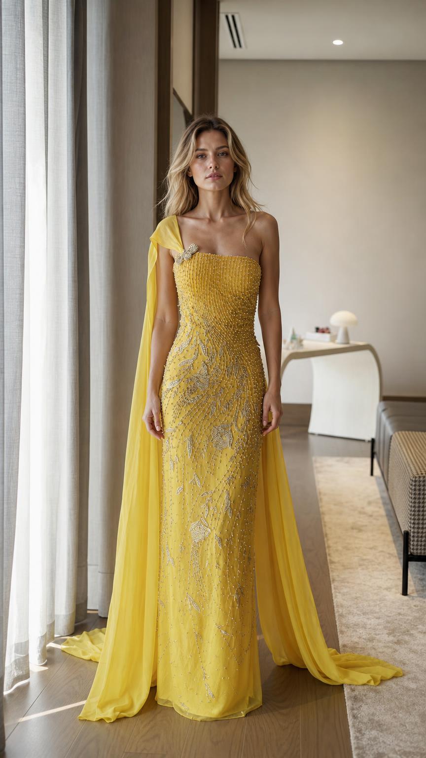 Front view of yellow one-shoulder beaded evening gown with cape