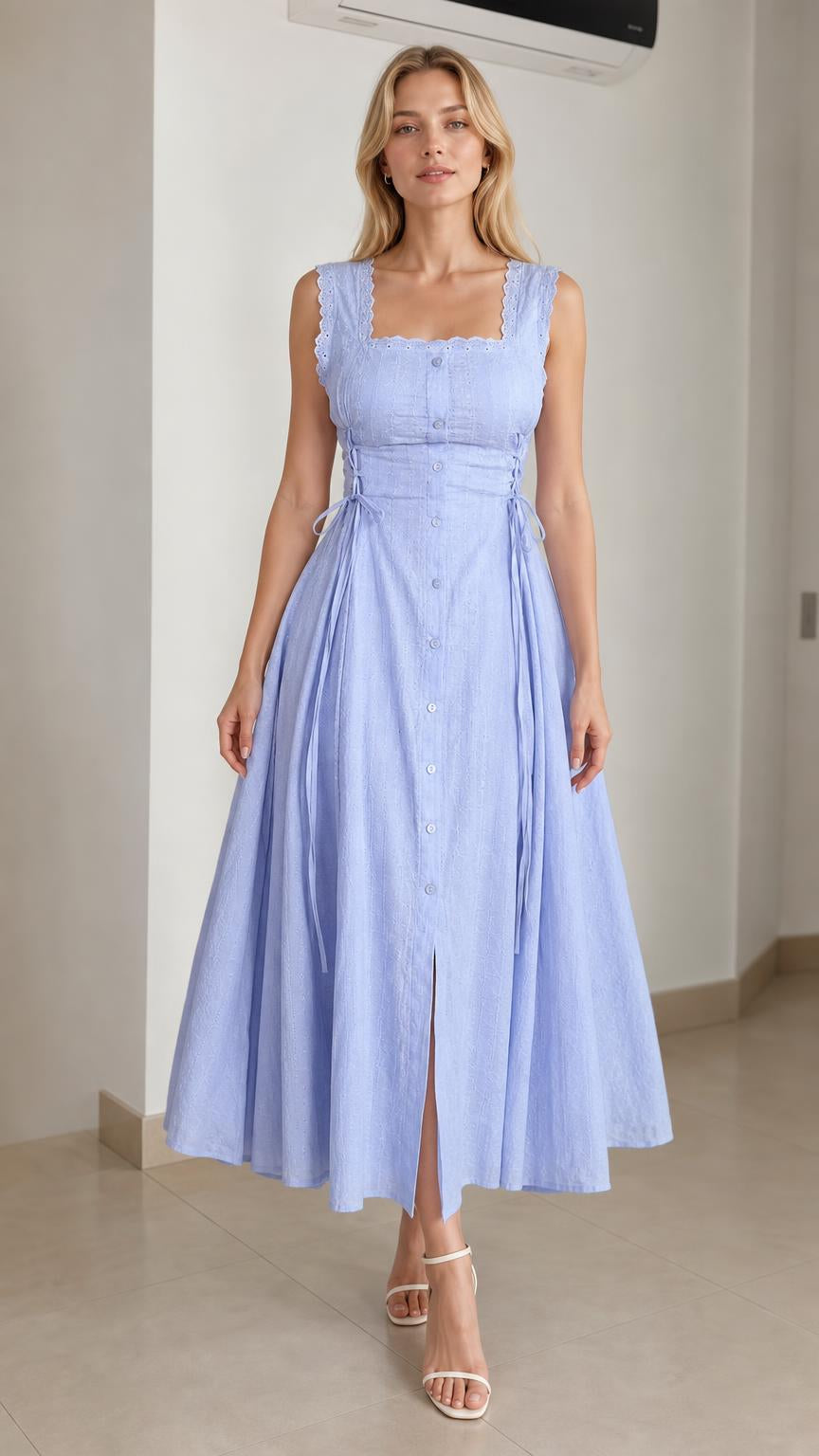 Front view of model wearing light blue square neck midi dress