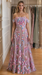 Front view of pink embroidered off-shoulder evening gown