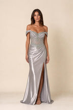 Front view of woman wearing silver off-shoulder beaded corset evening gown