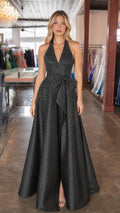 Front view of black glitter halter neck evening dress with bow