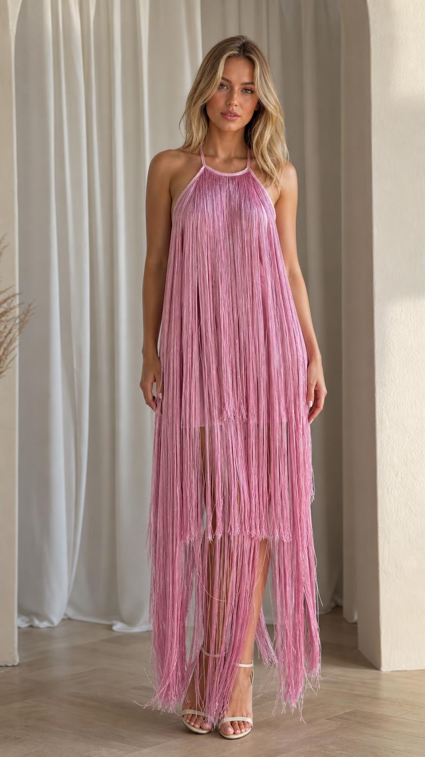 Front view of model wearing pink halter neck fringe maxi dress