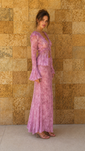 Front view of model wearing light pink sheer lace two-piece set