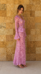 Front view of model wearing light pink sheer lace two-piece set