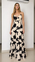 Front view of champagne floral applique maxi dress