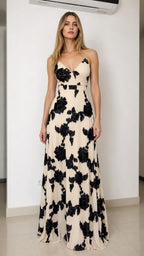 Front view of champagne floral applique maxi dress