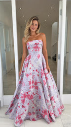 Lavender floral brocade strapless maxi dress front view
